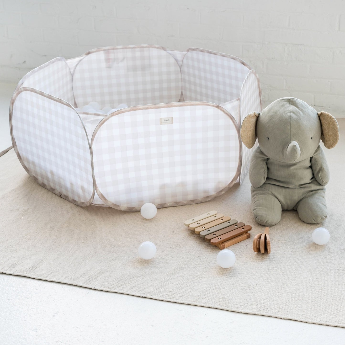 gingham beige recycled fabric ball pit