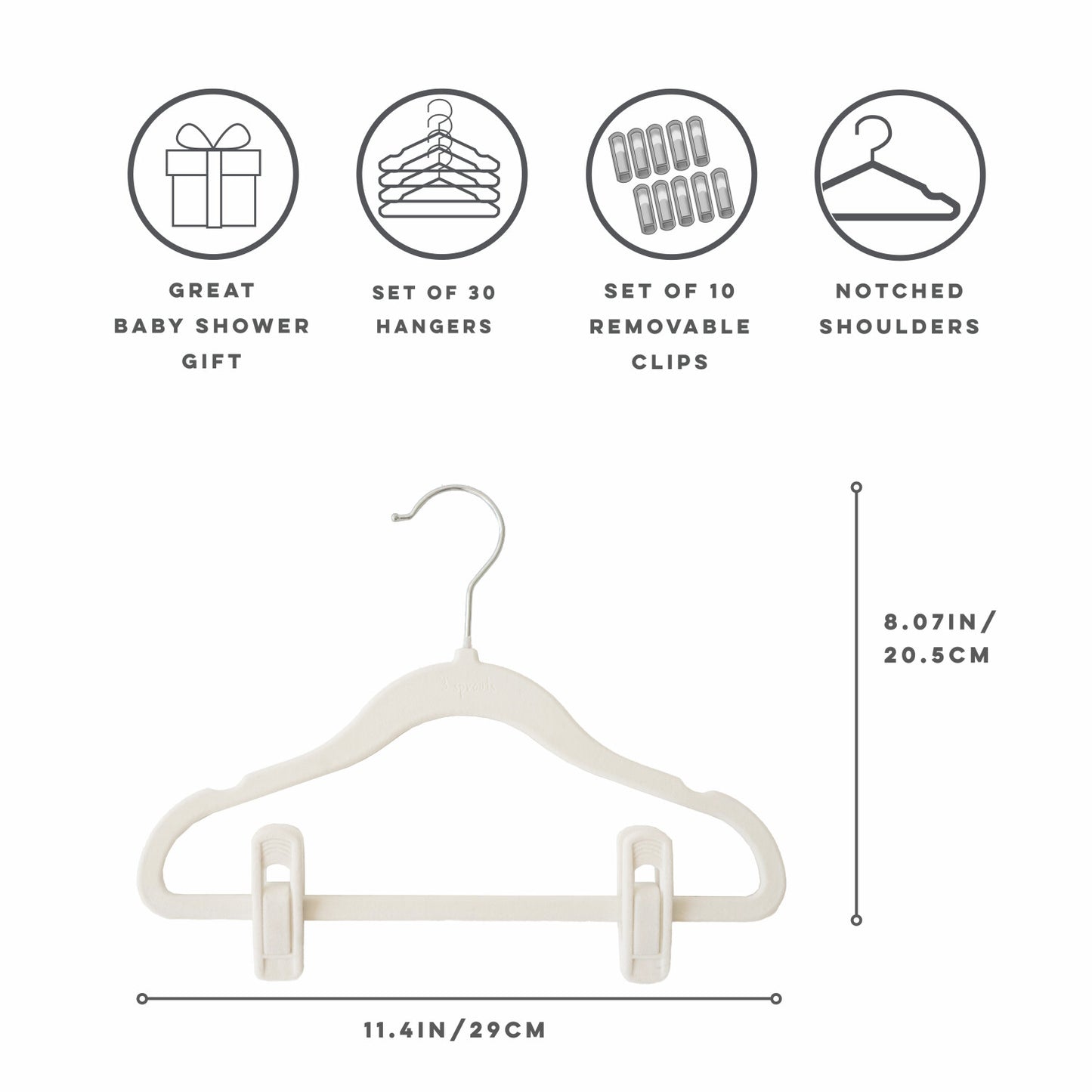 cream velvet non-slip hangers (30 per set) with 10 clips for children/baby