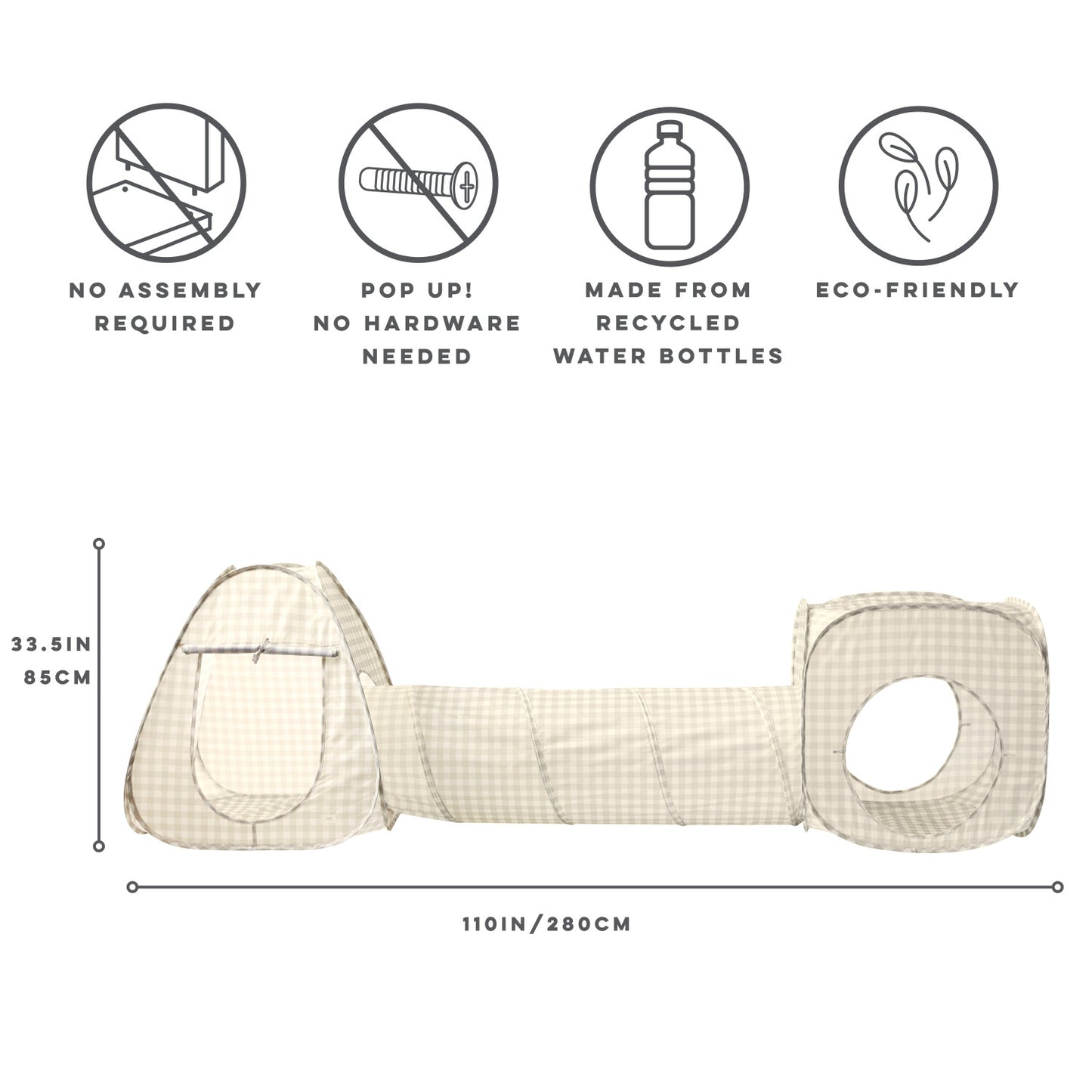 gingham beige recycled fabric 3-in-1 play tent & tunnel set