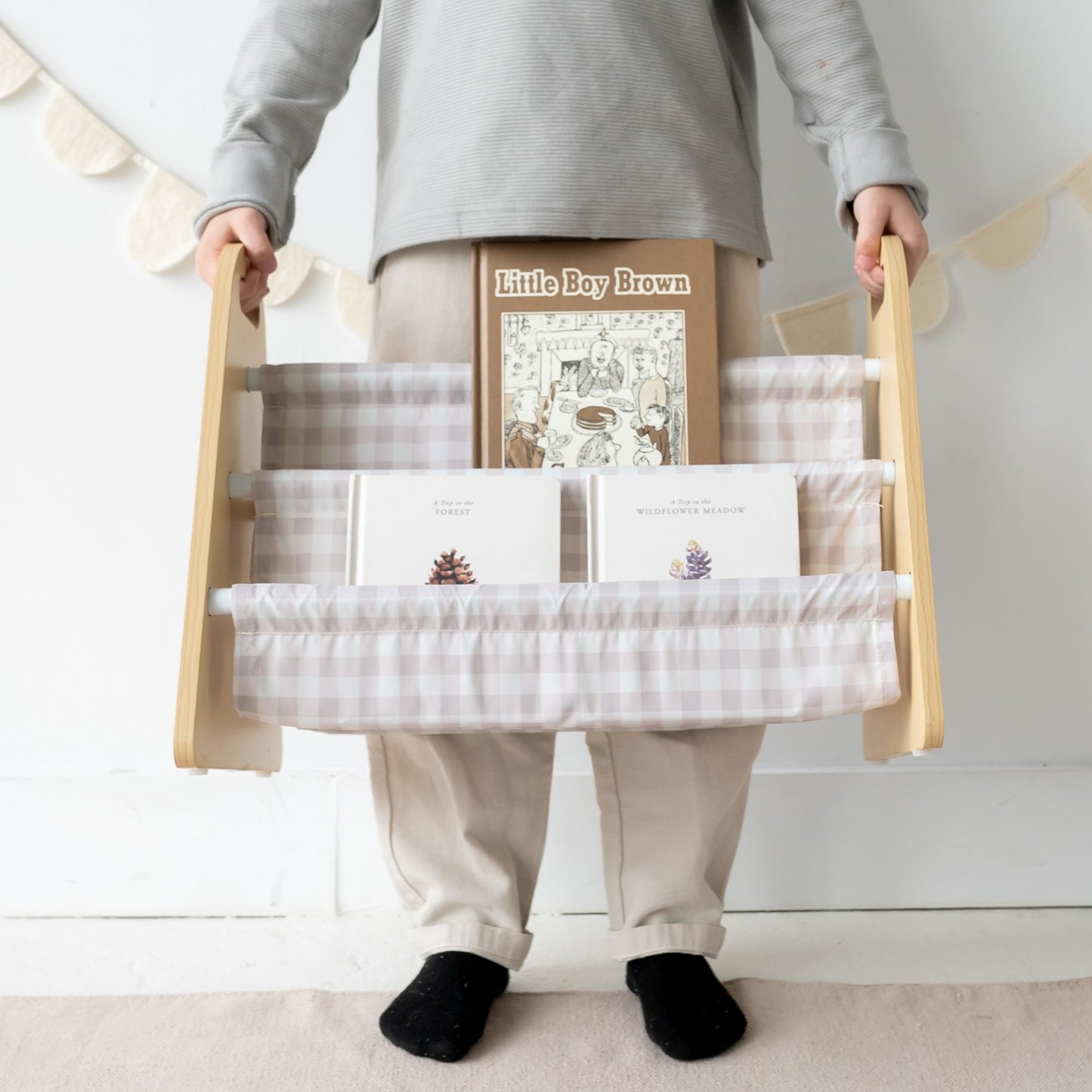 gingham beige double-sided portable book rack