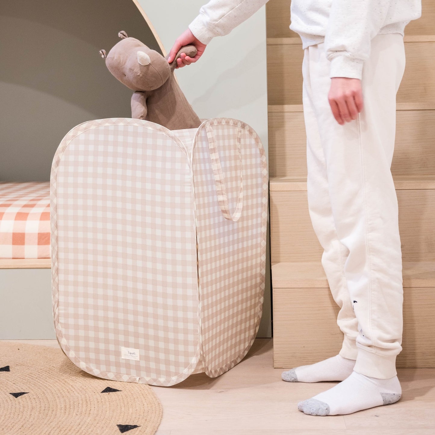 Gingham Beige Recycled Fabric Pop-Up Laundry Hamper
