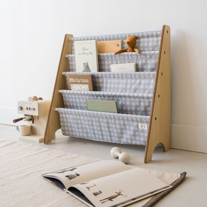 blue gingham recycled fabric book rack